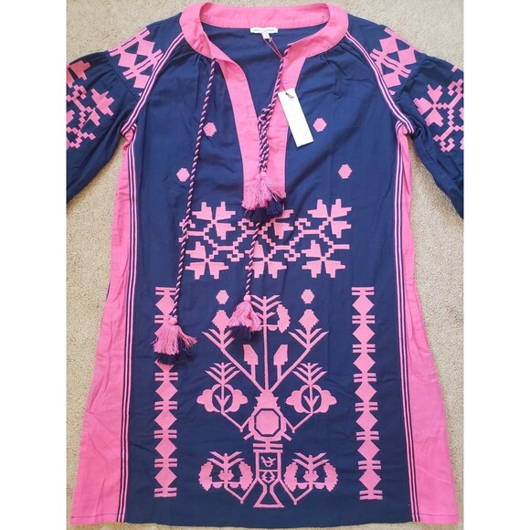 Nwt Frances Valentine Stephanie Tunic Dress Navy Pink Women's Size S Embroidery - Picture 2 of 9